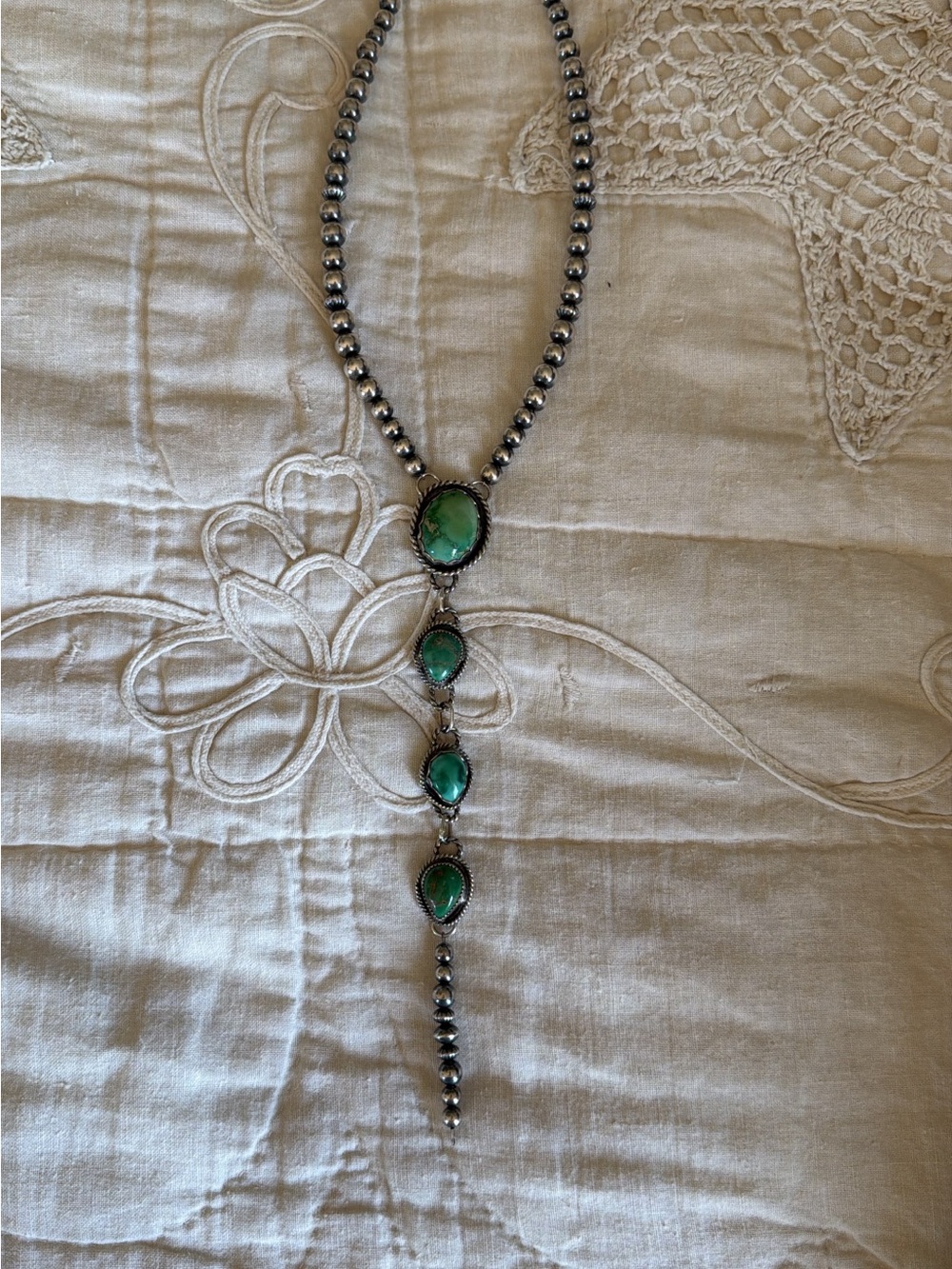 Custom Sterling .925 Lariat multi drop Navajo pearls, Sonora turquoise Necklace